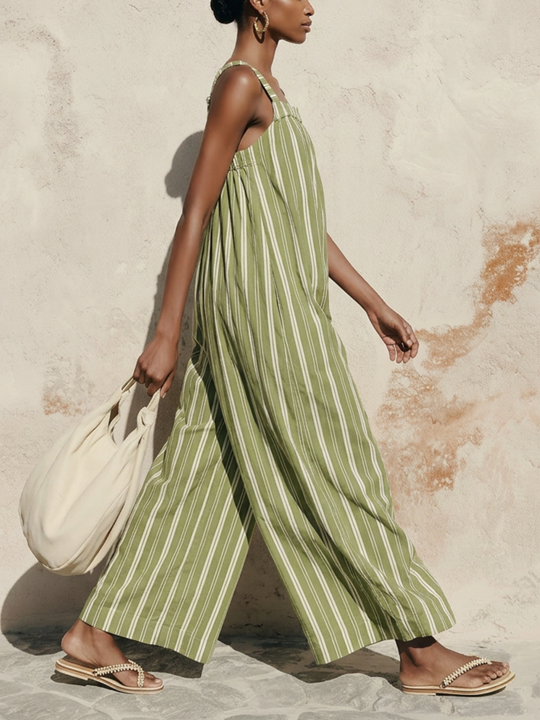 Green Striped Linen Tencel Loose Jumpsuit