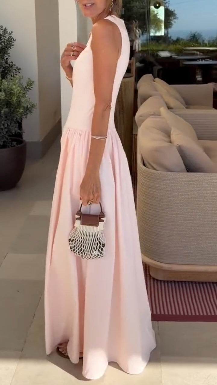 Sleeveless Round Neck Gathered Waist Maxi Dress