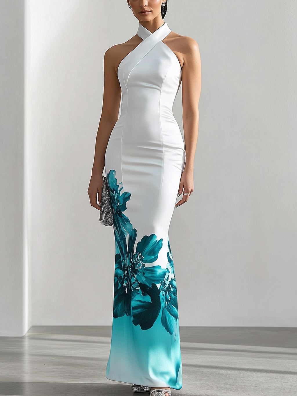 Stylish Satin Halter Neck Dress with Side Floral Print