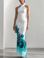 Stylish Satin Halter Neck Dress with Side Floral Print