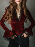 Romantic Burgundy Pleated Velvet Blouse With Black Lace Trim