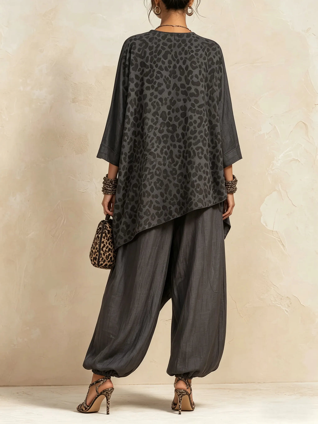 Dark Grey Leopard Print Asymmetric Linen-Blend Co-ord Set