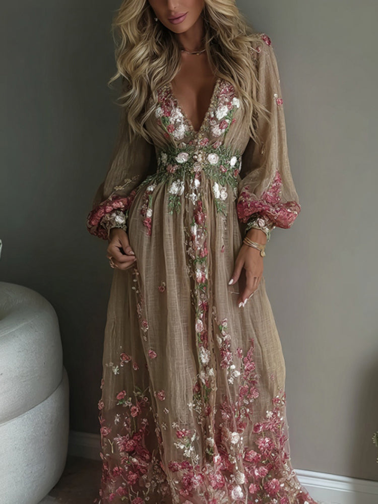 Women's Floral Embroidered Linen Blend Long-sleeved Dress