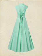 Maxi Cotton Dress , Cap Sleeves, Shawl Collar, Plain, Button Design, Vintage,  Light Green