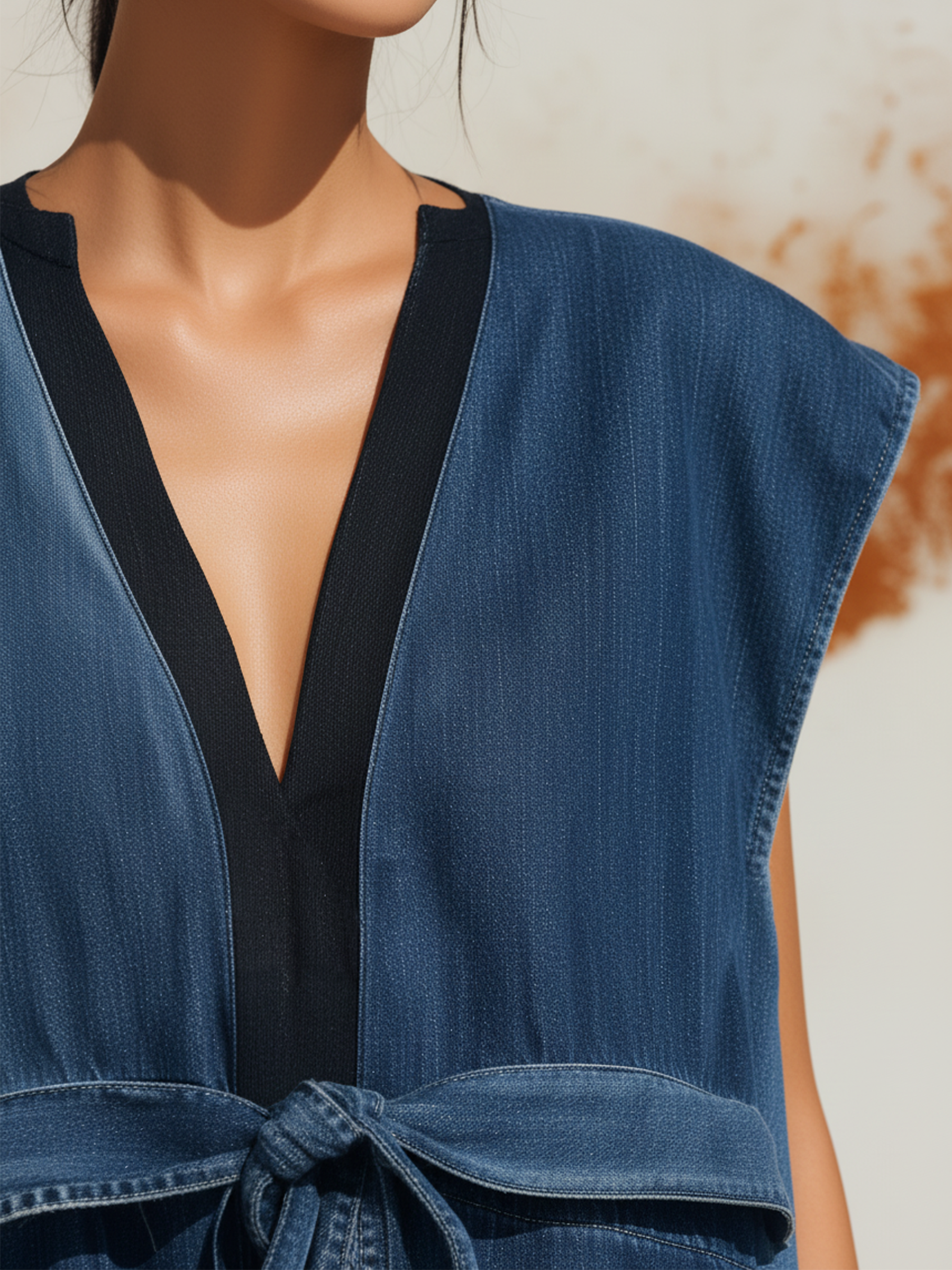 Lightweight Denim V-Neck Maxi Dress With Front Tie Detail