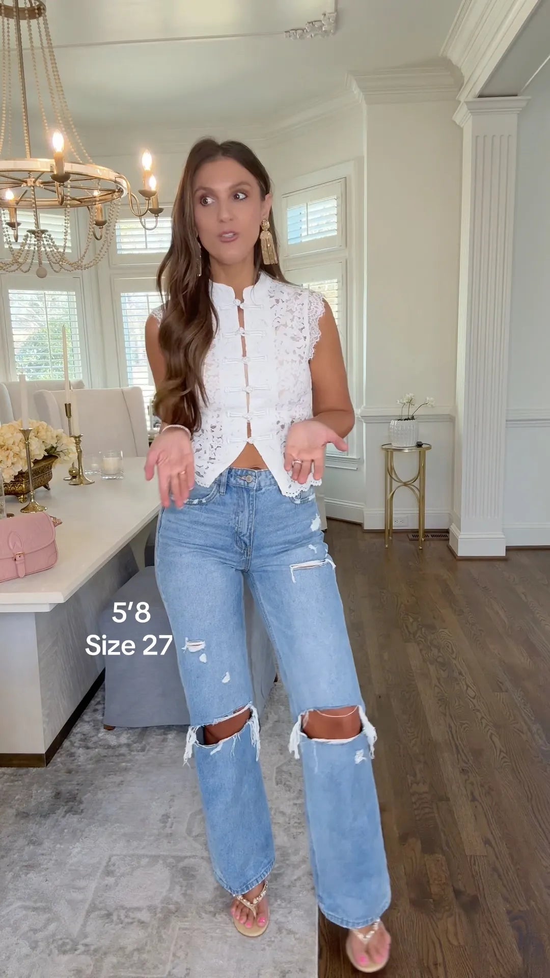 White Lace Sleeveless Top & Distressed Flare Jeans Set