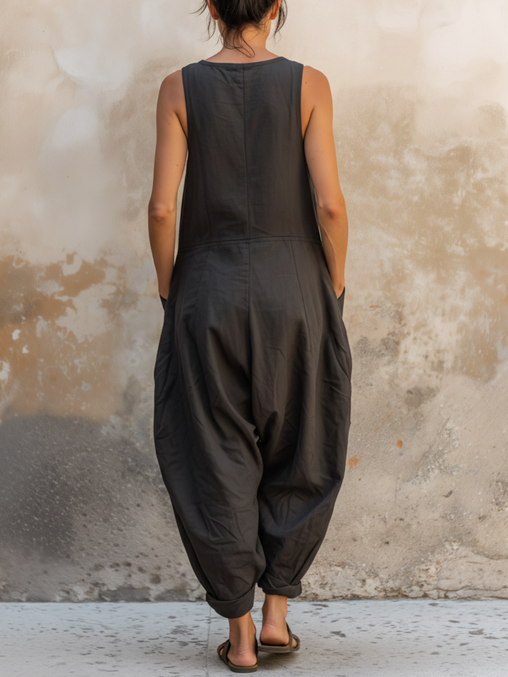 Dark Gray Cotton Sleeveless Oversized Harem Jumpsuit