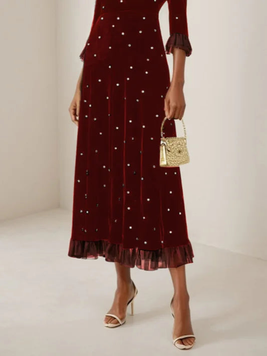 Burgundy Beaded Mock Neck Three Quarter Sleeve A-Line Maxi Velvet Dress
