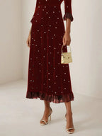 Burgundy Beaded Mock Neck Three Quarter Sleeve A-Line Maxi Velvet Dress