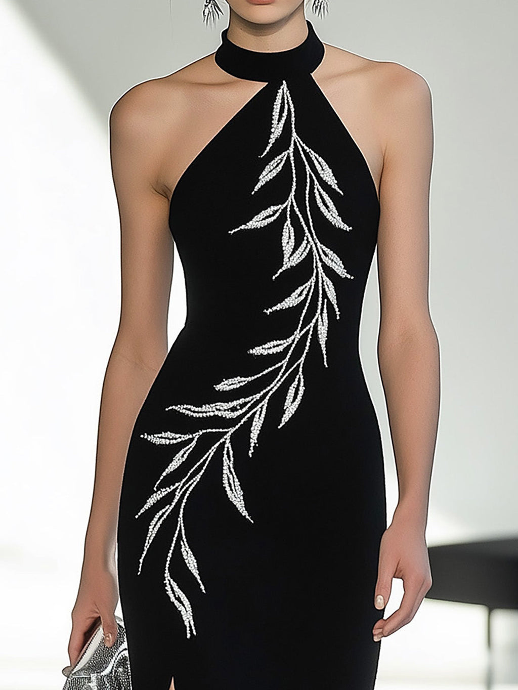 Chic Black Halter Neck Dress with Side Slit and Embroidery