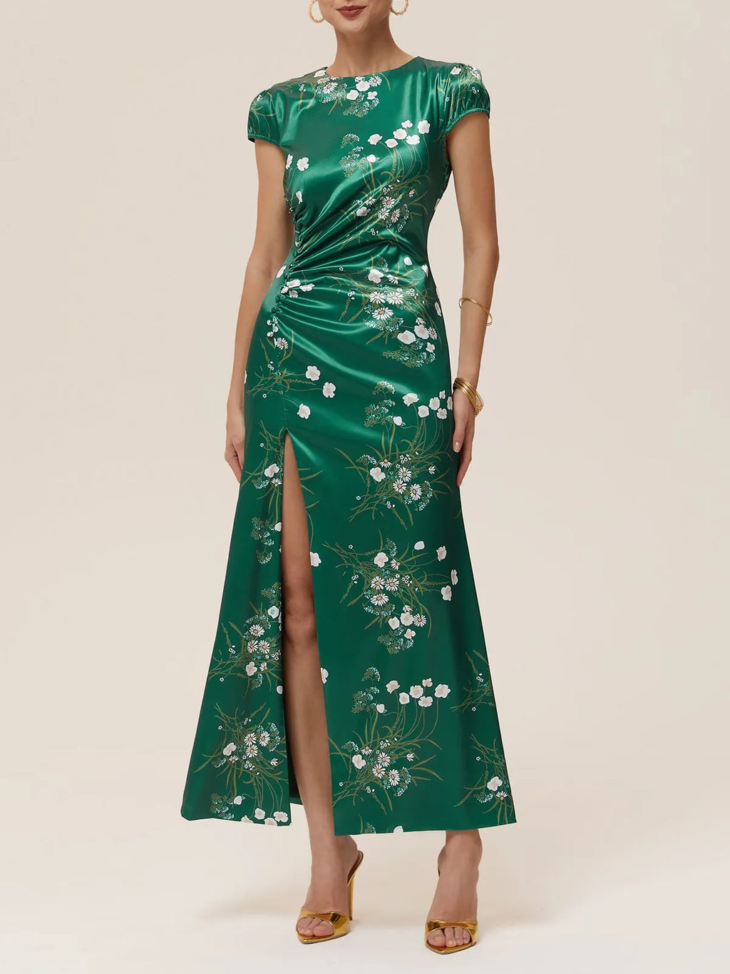 Green Slit Floral Satin Crew Neck Cap Sleeve A-Line Maxi Dress