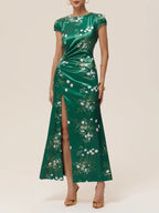 Green Slit Floral Satin Crew Neck Cap Sleeve A-Line Maxi Dress