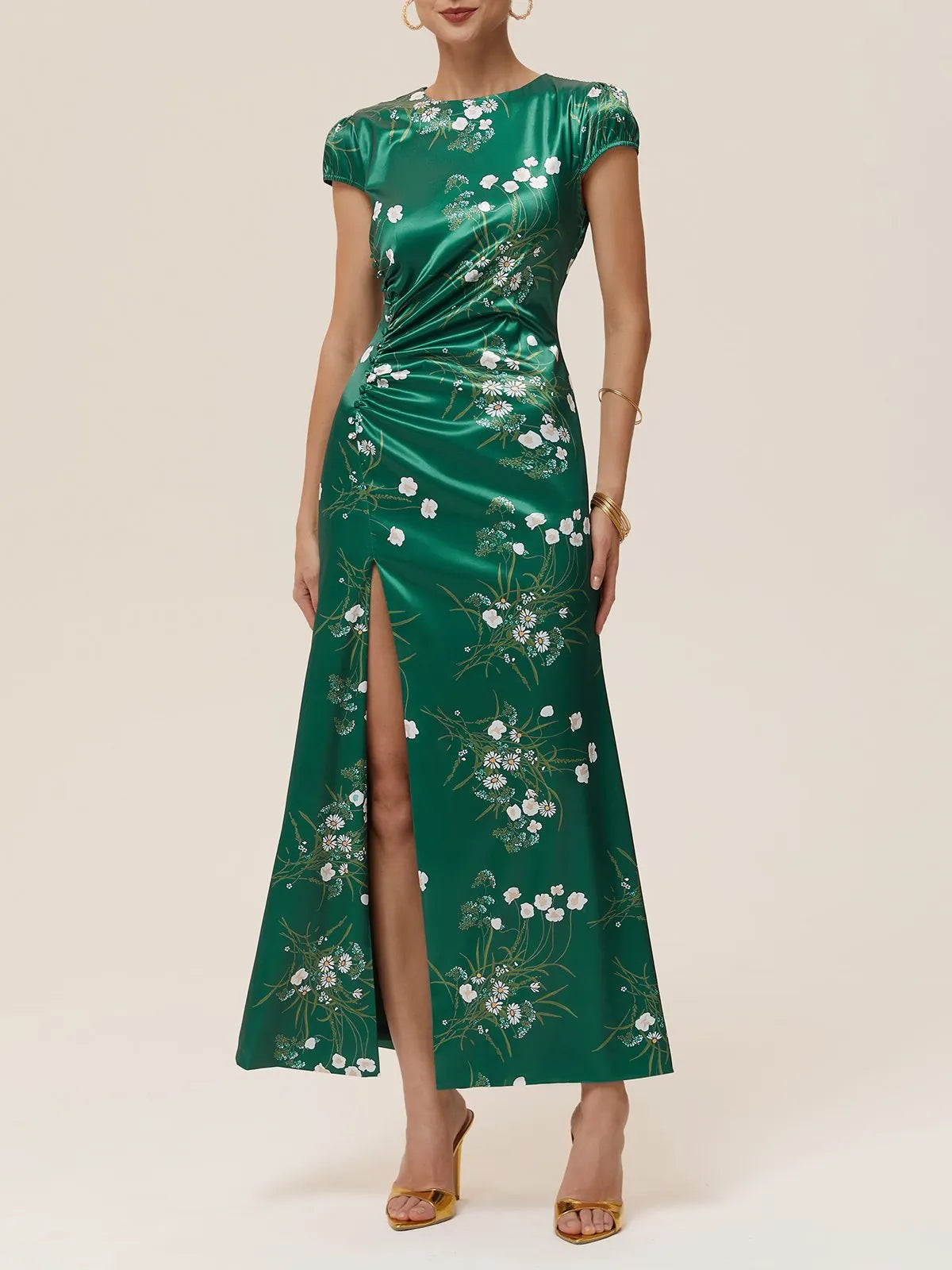 Green Slit Floral Satin Crew Neck Cap Sleeve A-Line Maxi Dress