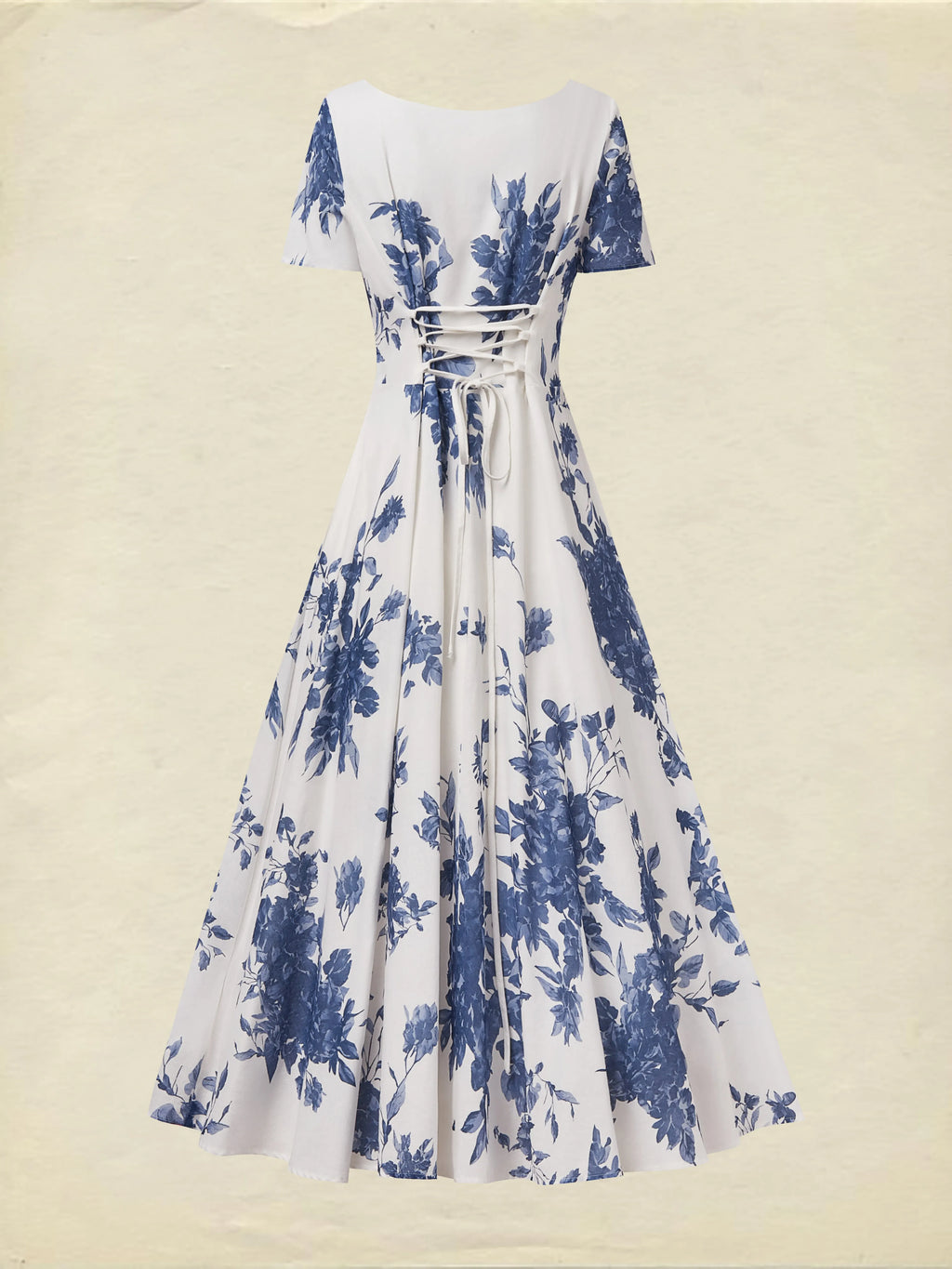 Maxi Linen Dress , Short Sleeves, Square Neck, Floral, Vacation, French Vintage, Blue