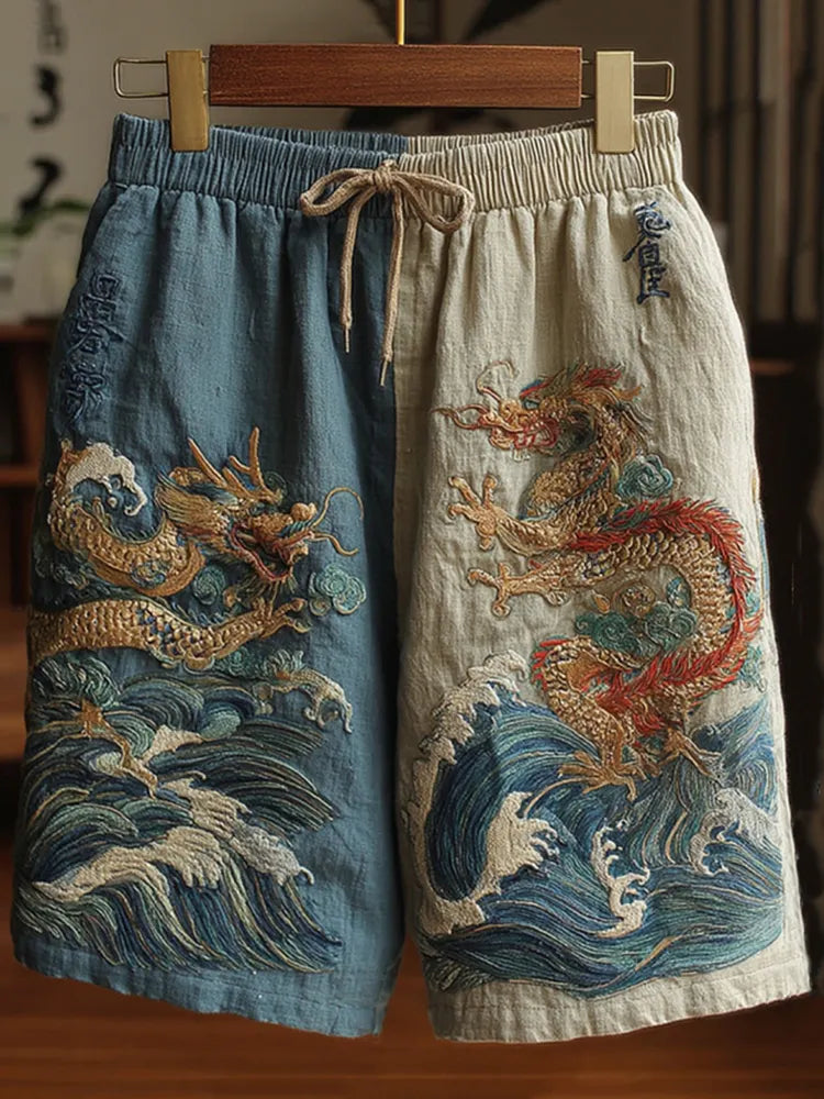 Men's Japanese Dragon Art Contrast Linen Short Pants