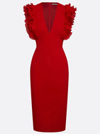 Red Peplum Classic V Neck Sleeveless Sheath Midi Dress