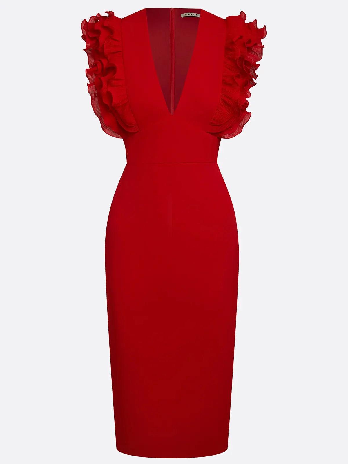 Red Peplum Classic V Neck Sleeveless Sheath Midi Dress