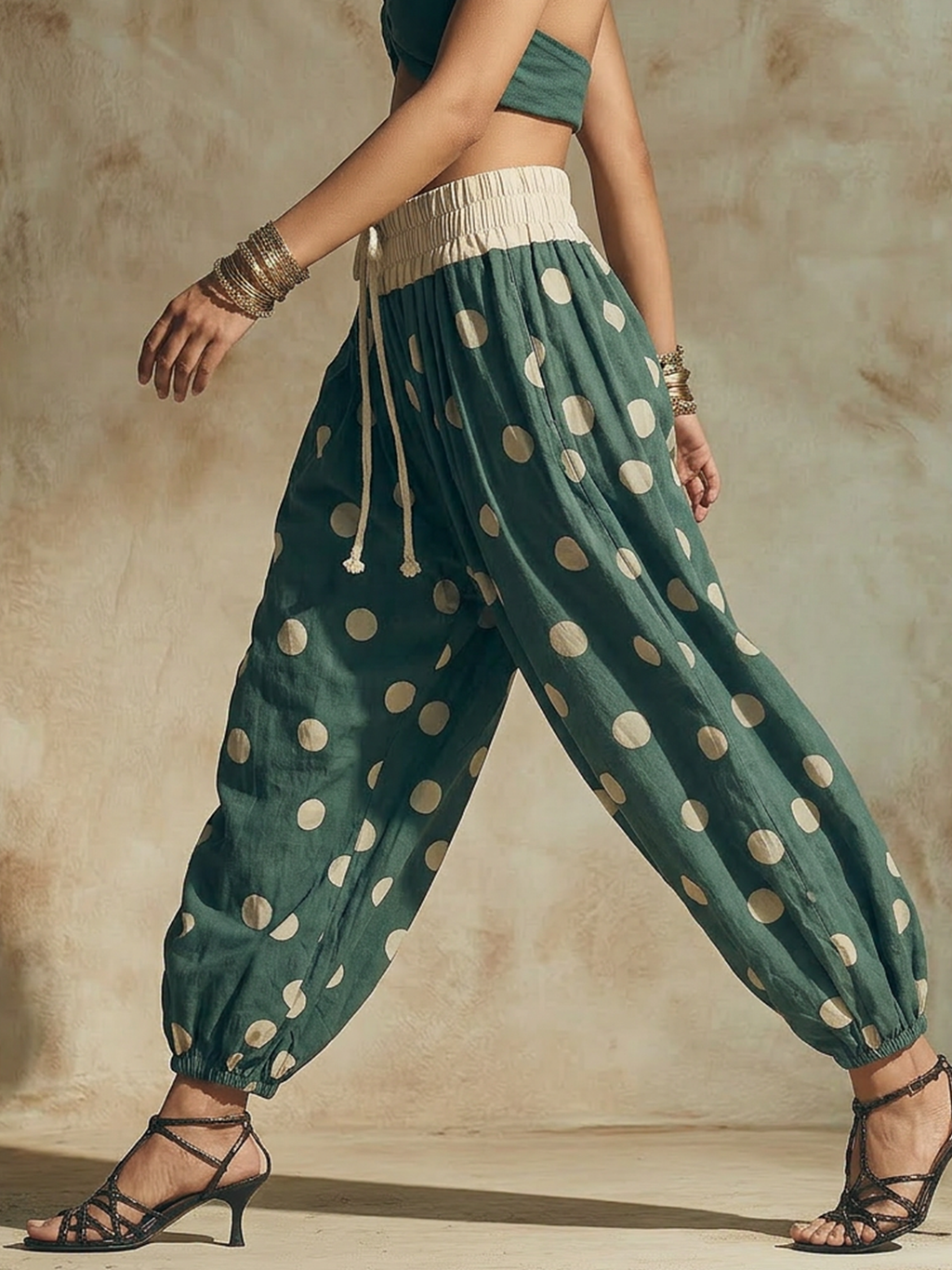 Teal Polka Dot High-Waisted Harem Pants With Drawstring Waist