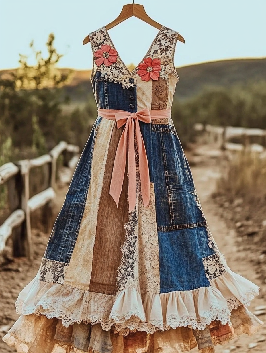 Summer Handmade Lace Denim Patchwork Dress 6cce
