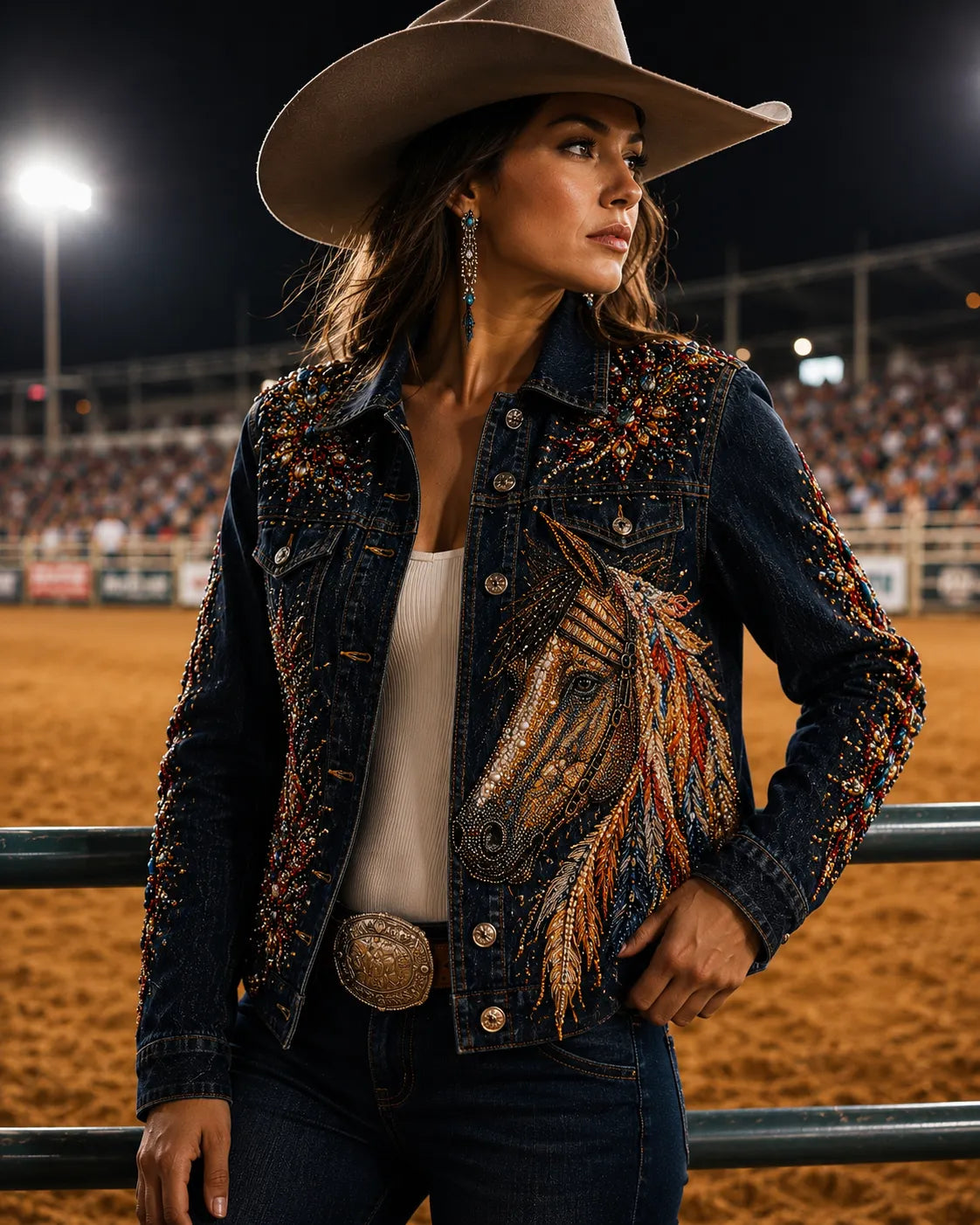 Beaded Horse Feather Dark Denim Jacket
