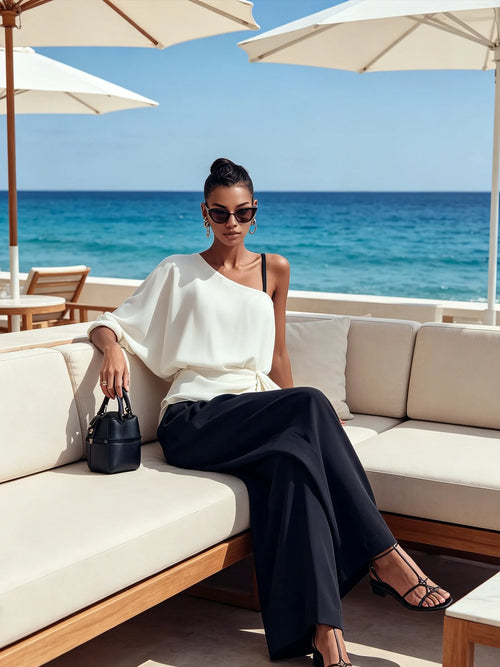 Asymmetric One-Shoulder Tie-Waist Top & Wide-Leg Trousers Co-Ord Set
