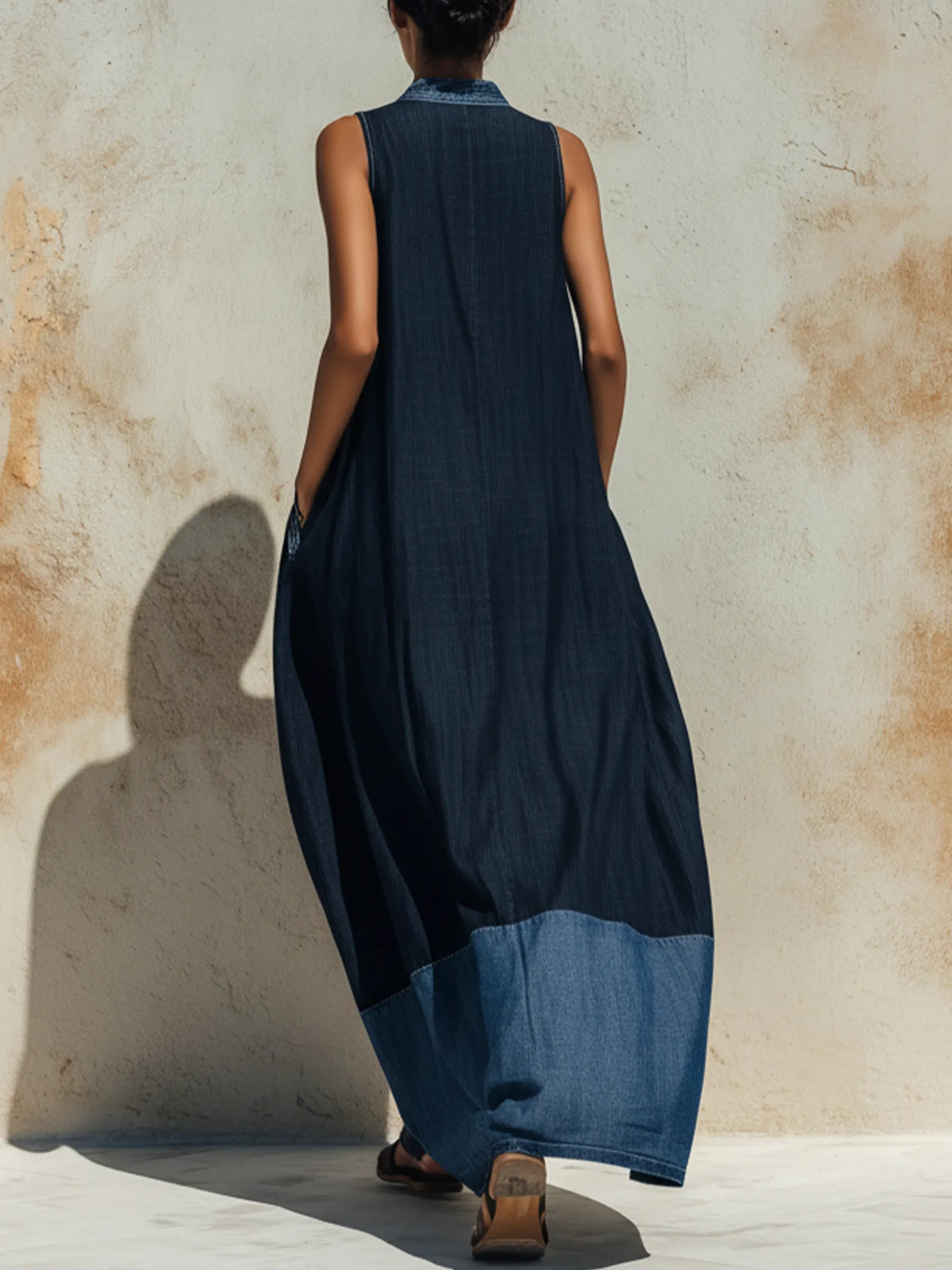 Dark Blue Denim Contrast Hem Sleeveless Maxi Dress