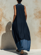Dark Blue Denim Contrast Hem Sleeveless Maxi Dress
