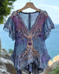 Summer Viking Tribal Celtic Tree of Life Gradient Lace Splicing Ruffle Top 964c