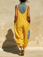 Contrast Denim Detail Sleeveless Harem Jumpsuit