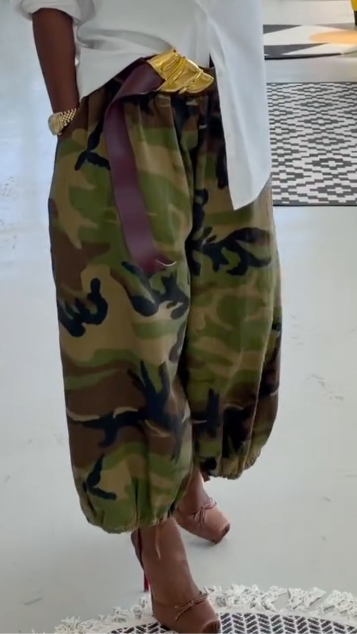 White Blouse & Camouflage Harem Pants Outfit