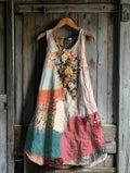 Women's Vintage Tribal Floral Patch Cotton And Linen Dress 0e00