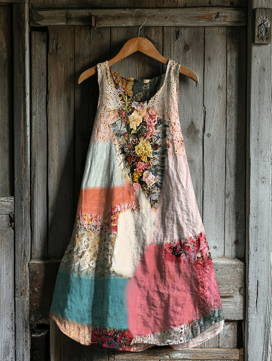 Women's Vintage Tribal Floral Patch Cotton And Linen Dress 0e00