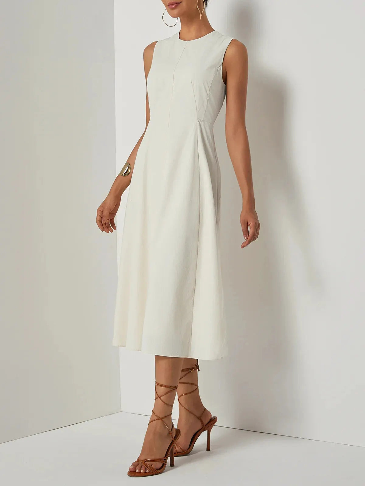 Apricot Lyocell Cotton Crew Neck Sleeveless A-Line Midi Dress