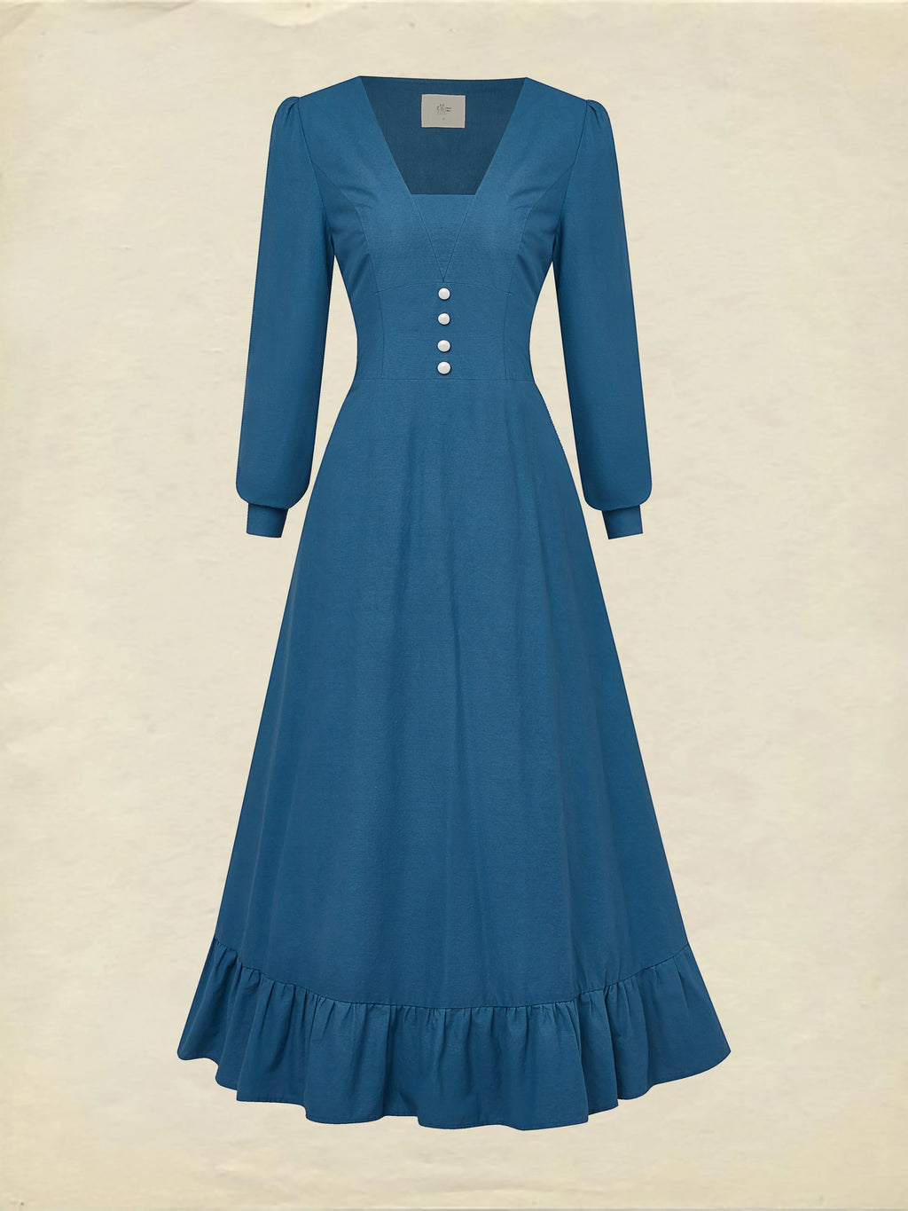 Maxi Cotton Dress, Long Sleeves, V Neck, Plain, Button Design, Vintage, Dark_blue