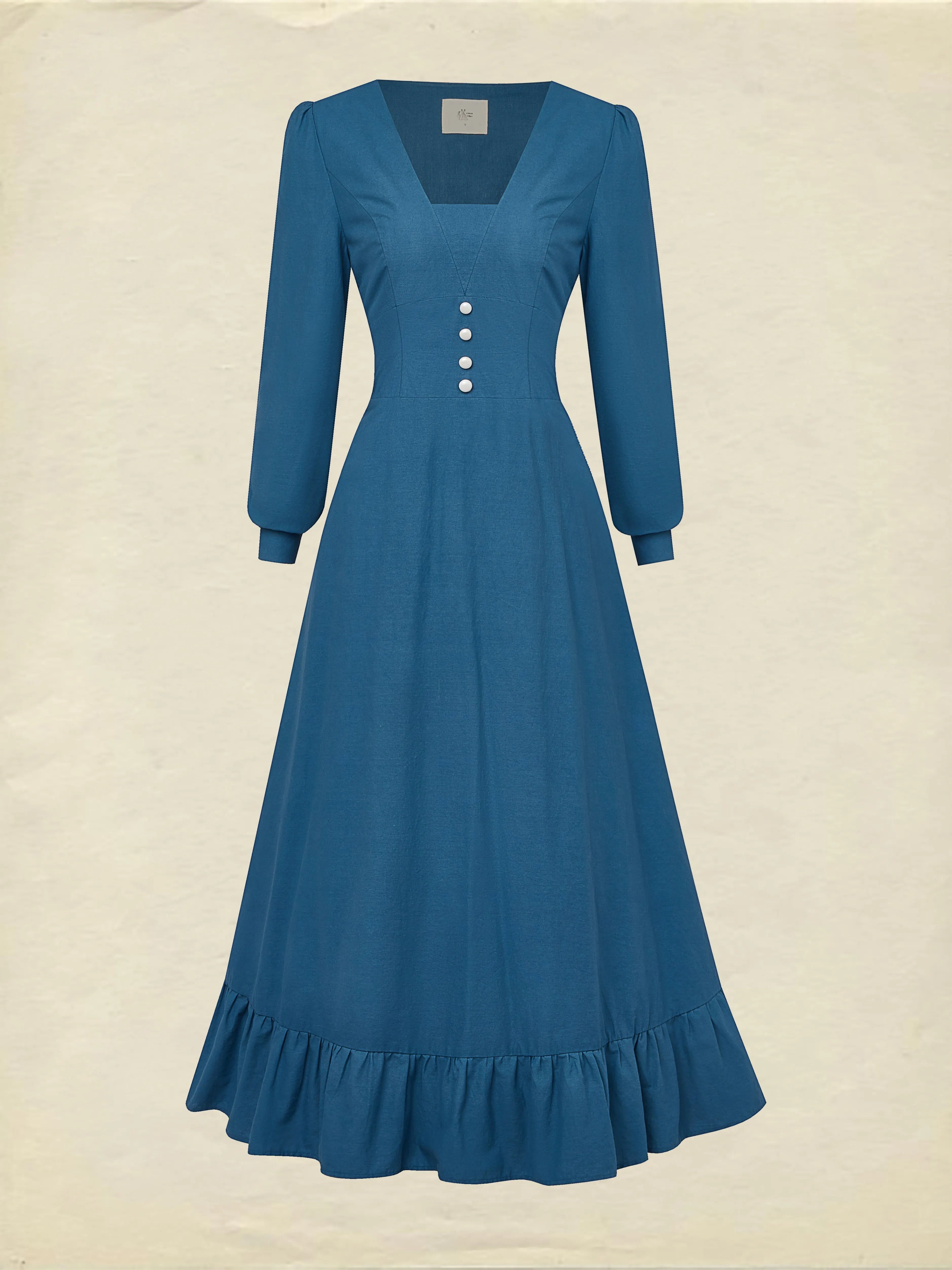 Maxi Cotton Dress, Long Sleeves, V Neck, Plain, Button Design, Vintage, Dark_blue