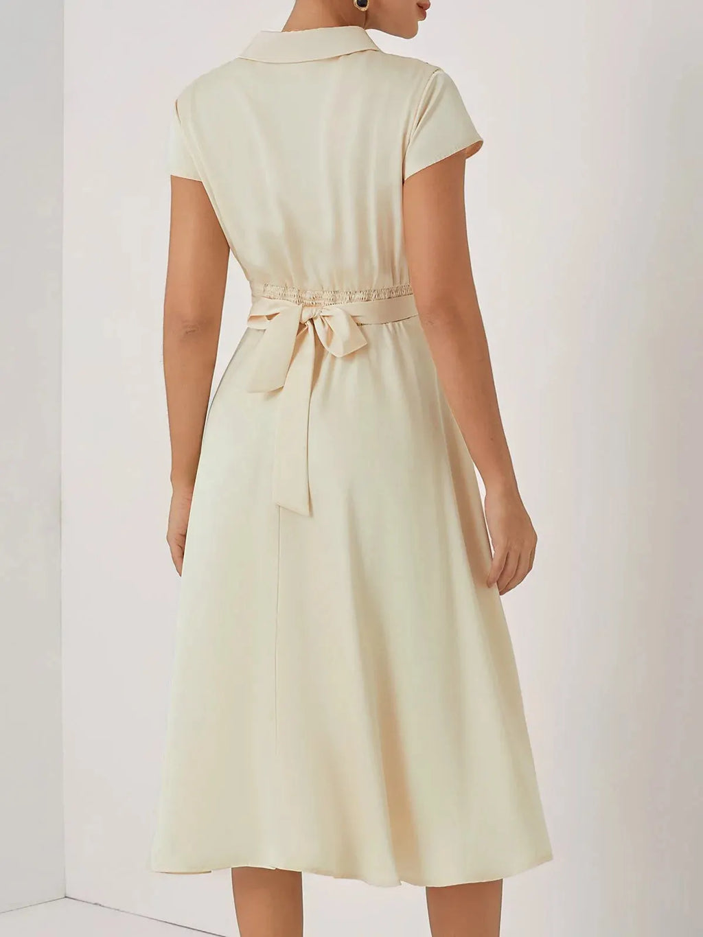 Apricot Embroidery Floral Classic Bow Collar Cap Sleeve A-Line Midi Dress