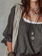Retro Contrasting Collar Flared Cuffs Cotton Linen Blouse