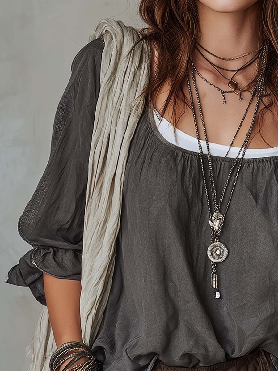 Retro Contrasting Collar Flared Cuffs Cotton Linen Blouse