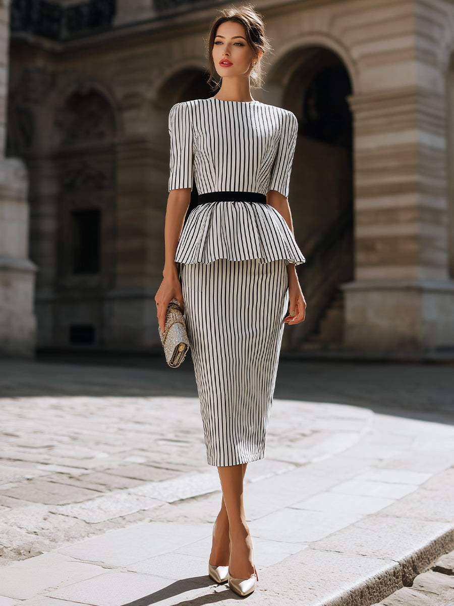 Striped Peplum Top And Pencil Skirt Set