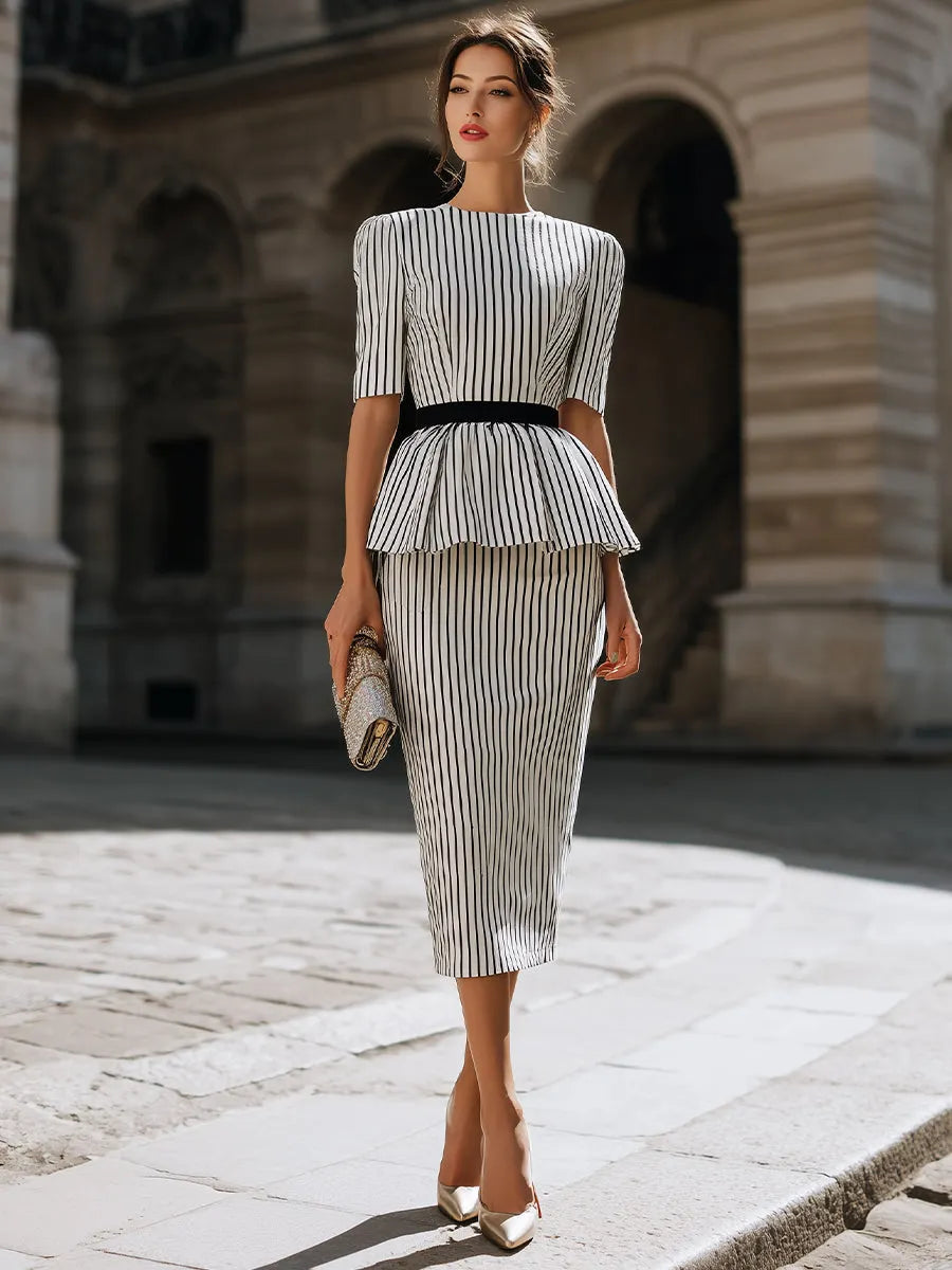 Striped Peplum Top And Pencil Skirt Set