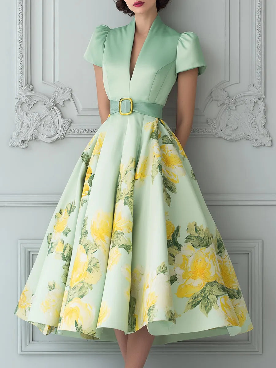 Green Floral Midi A-Line Dress With Belt And Puff Sleeves