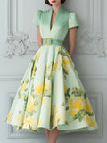 Green Floral Midi A-Line Dress With Belt And Puff Sleeves