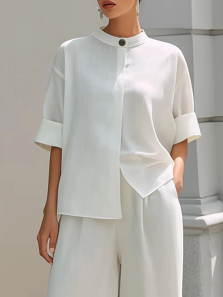 Minimalist Stand Collar Cotton Linen Top And Wide-Leg Pants Set