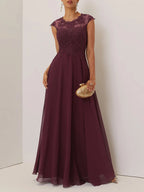 Wine Red Lace Chiffon Crew Neck Cap Sleeve A-Line Maxi Mother of the Bride or Groom Dress