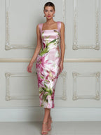 Elegant Floral Square Neck Midi Dress