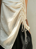 Beige Ruched Drawstring Cami & Black Wide-Leg Culottes Set
