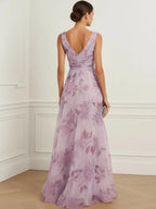 Purple 3D Floral Chiffon V Neck Sleeveless A-Line Gown Dress