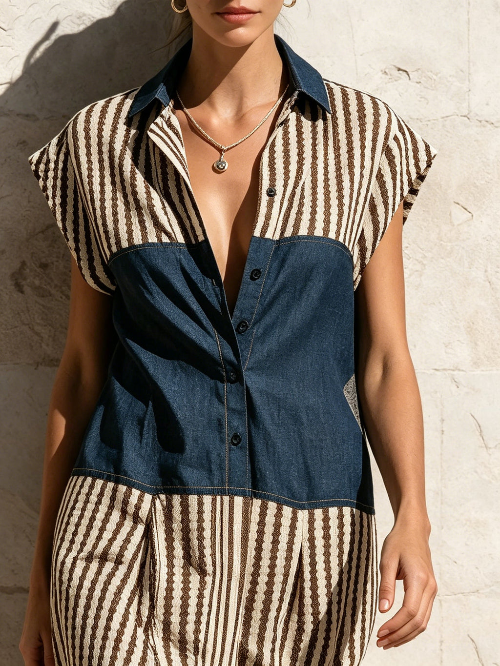 Denim & Stripe Color-Block Shirt Dress | Button-Front Midi Dress