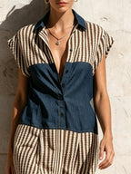 Denim & Stripe Color-Block Shirt Dress | Button-Front Midi Dress