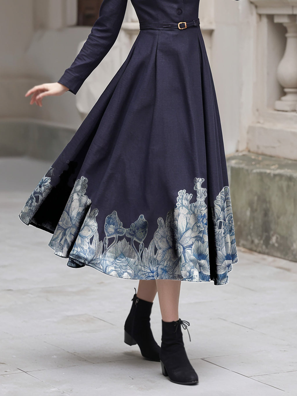Midi Cotton Dress, Long Sleeves, Stand Collar, Floral, Button Design, Vintage, Deep Purple